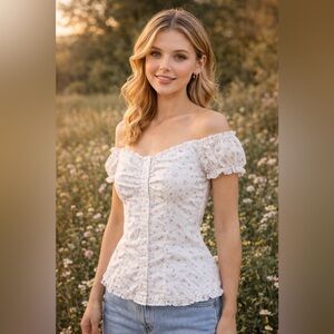 NWT - XS - Floral Off-Shoulder Ruched Peasant Top - White with Pink Floral